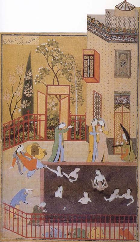 Bihzad The Master of the garden espies the maidens bathing in his pool