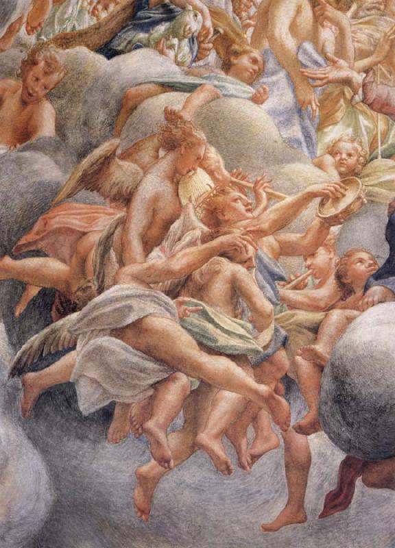 Correggio Assumption of the Virgin,details with angels bearing musical instruments
